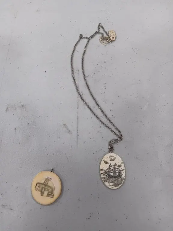 Vintage scrimshaw-style sailboat boat pendant