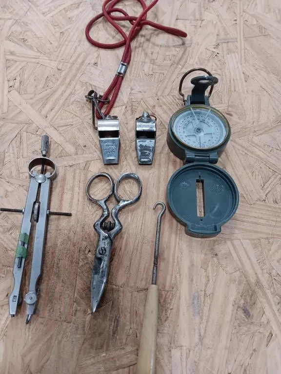 Vintage Pea Whistles, Compass, button scissors,