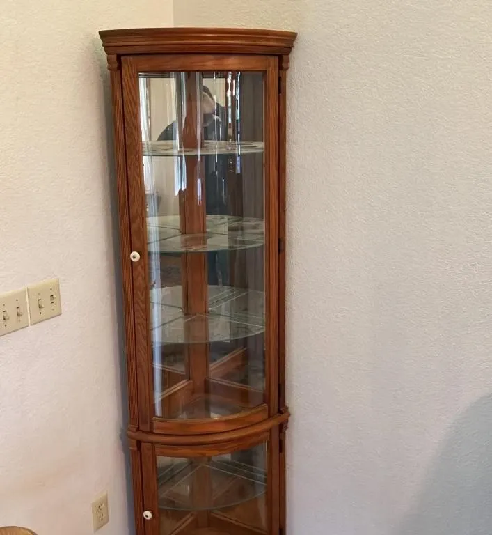 Oak Corner Curio Cabinet with Glass Shelving