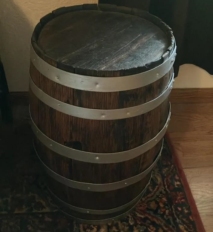 Rustic Wooden Barrel with Metal Hoops