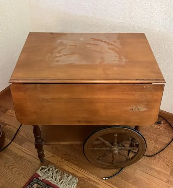 Wooden Drop-Leaf Serving Cart with Spoked Wheels