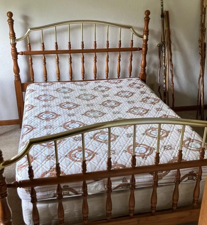 Vintage Wood and Brass-Tone Spindle Bed Frame