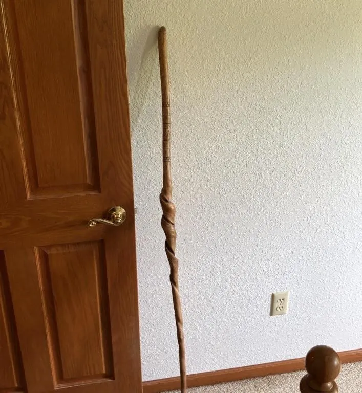 Carved Wooden Walking Staff with Spiral Detail