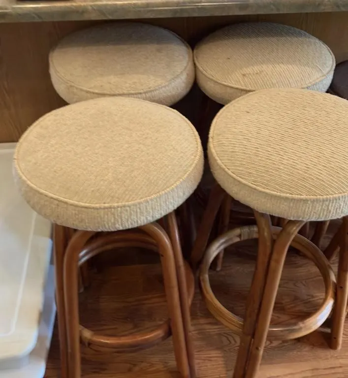 Set of Four Rattan Bar Stools with Padded Seats