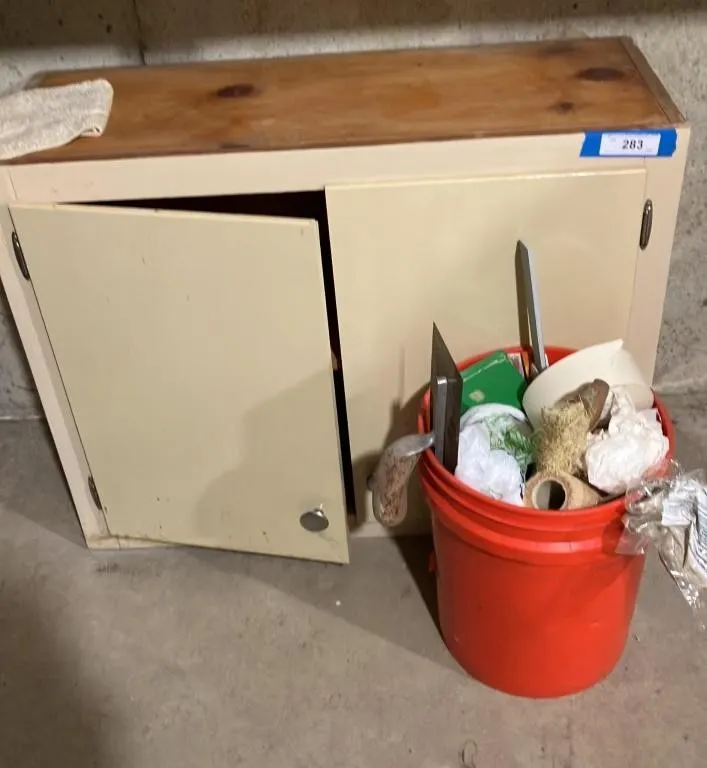 Two-Door Wood Cabinet and Utility Bucket