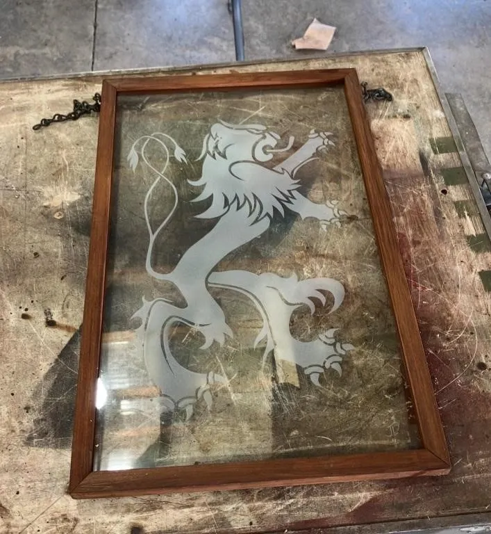 Etched Glass Lion Wall Hanging in Wood Frame