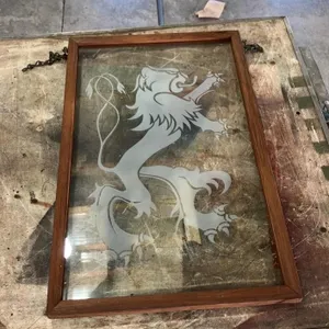 Etched Glass Lion Wall Hanging in Wood Frame