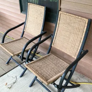 Pair of Wicker and Black Metal Folding Chairs
