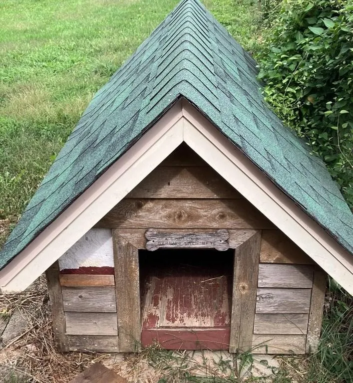 A-Frame Wooden Dog House with Green Shingled Roof