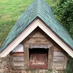 A-Frame Wooden Dog House with Green Shingled Roof