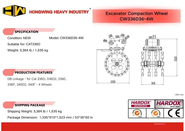 2026 HW CW336D36-4W 36 in Excavator Compaction Wheel - Fits Cat 336D (Unused)