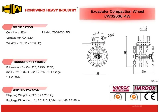 2026 HW CW32036-4W 36 in Excavator Compaction Wheel - Fits Cat 320 (Unused)