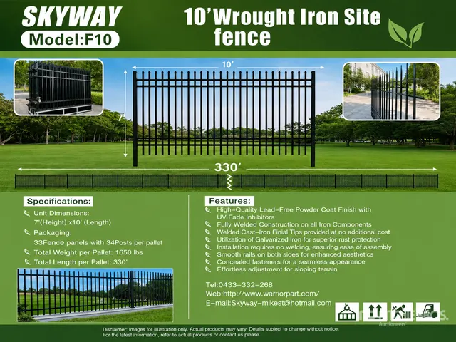 Quantity of (33) 2026 Skyway SFS33-330TF 10 ft x 7 ft Wrought Iron Site Fence (Unused)