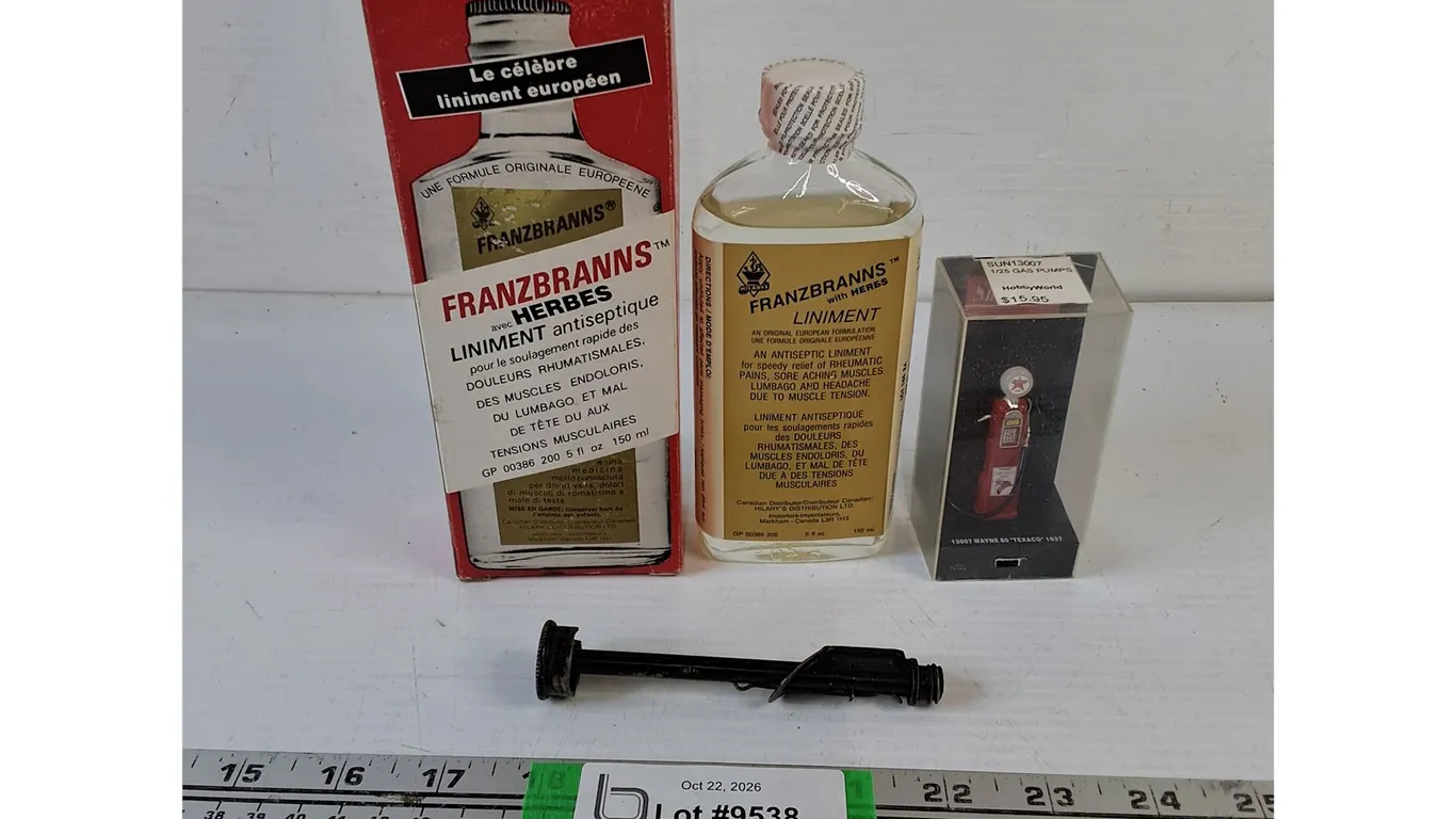 Vintage Bottle of Liniment,Miniature Texaco Gas Pump Replica,Daisy BB Gun Shot Tube Assembly