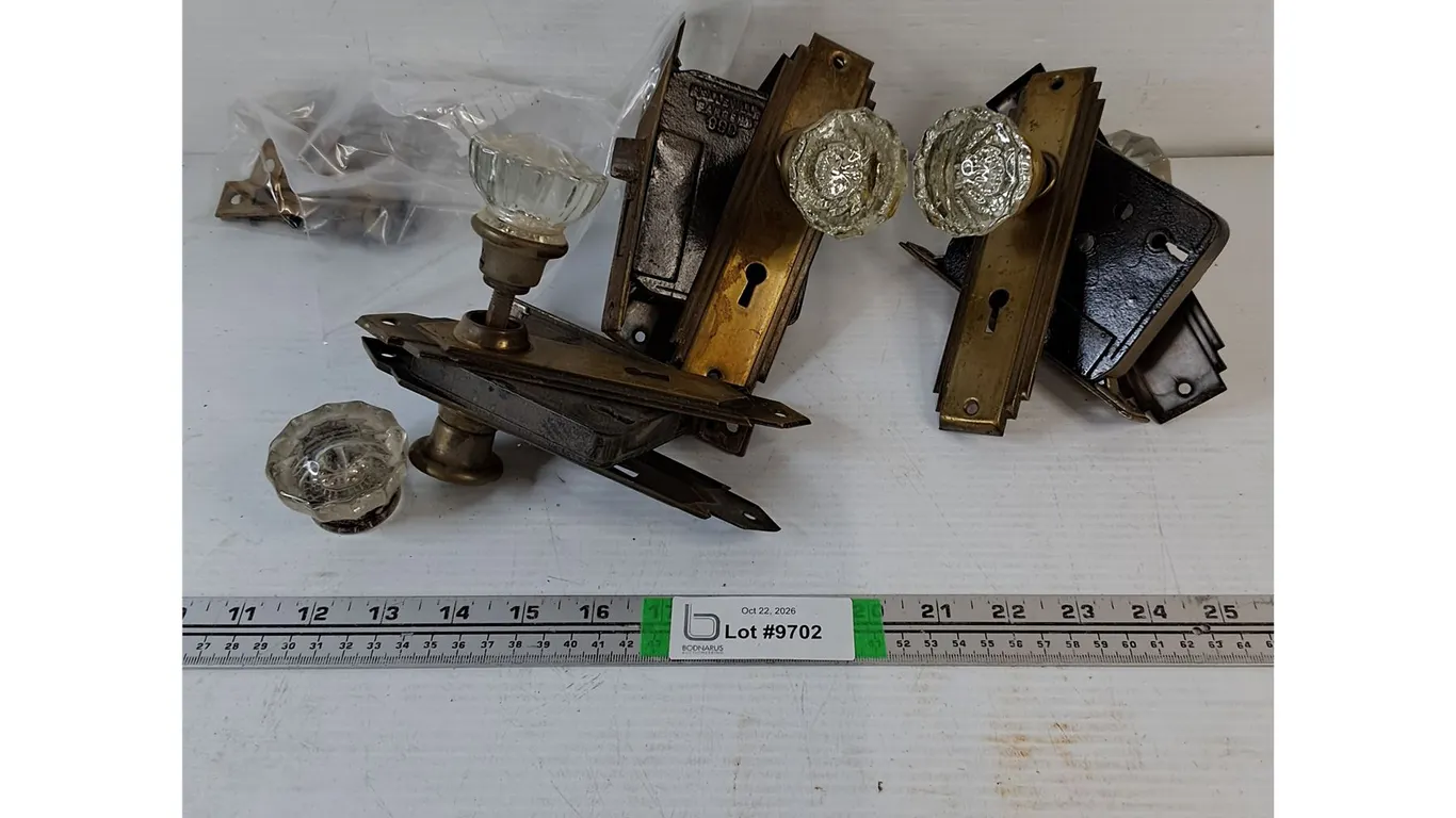 (3) Vintage Mortise Lock Set with Clear Glas Doorknobs and Hardware