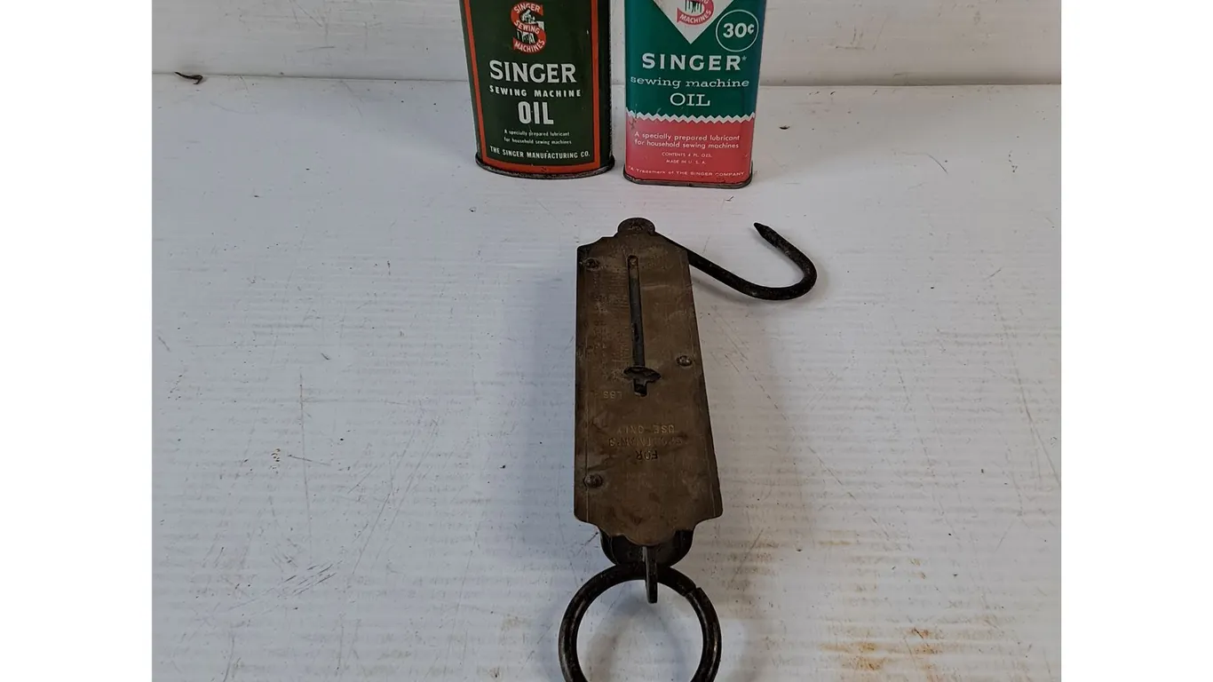 (2) Singer Oil Tins,Antique Pocket Spring Balance