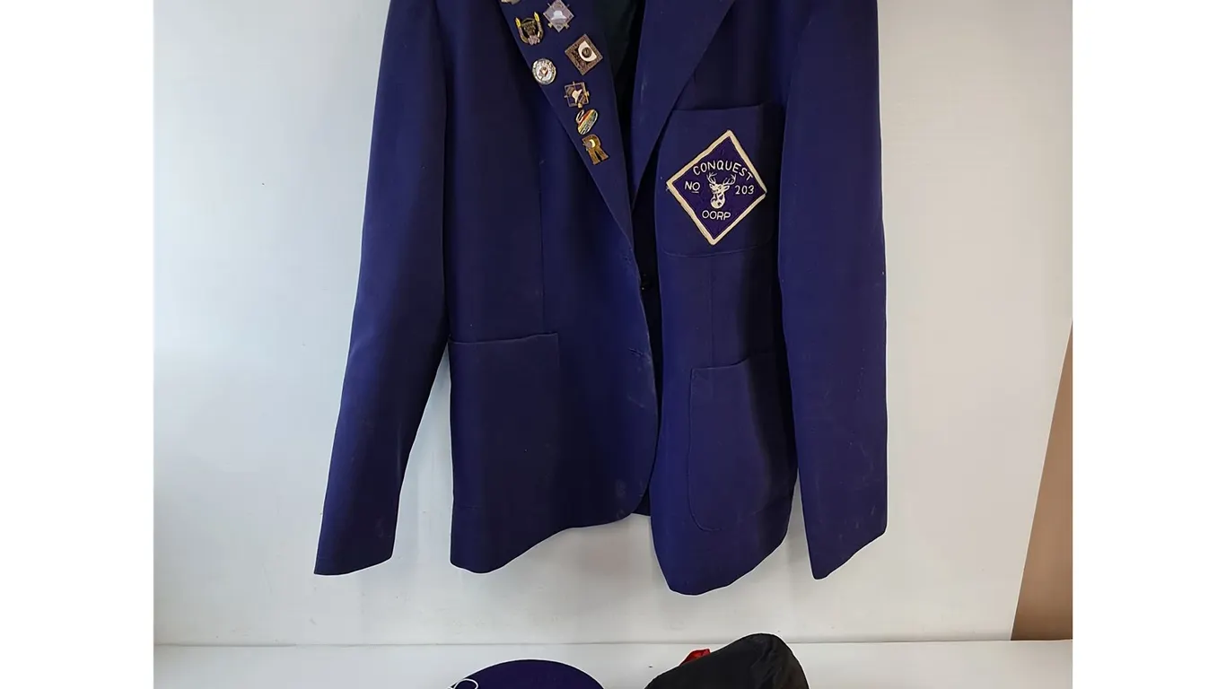 Purple Regalia Blazer Featuring Elks of Canada with Membership Pins with Fez Hat,Vintage Black Hat