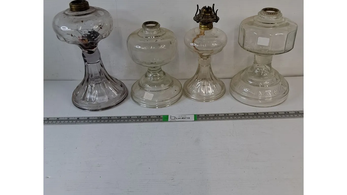 (4) Antique Clear Glass Oil Lamps-no chimneys