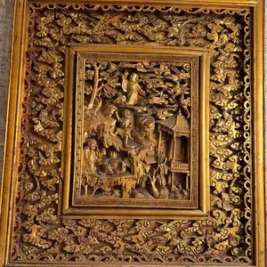 Chinese Carved and Gilt Wood Panel with Figural and Architectural Motifs