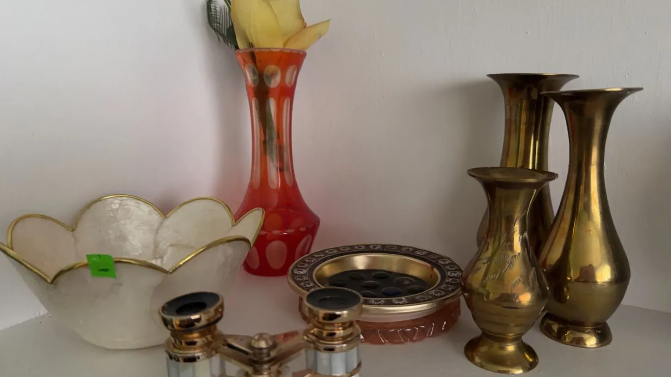 Decorative Lot: Brass Vases, Opera Glasses, Glass Bowl, Red Vase, Dish, Small Knife