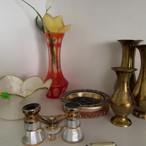 Decorative Lot: Brass Vases, Opera Glasses, Glass Bowl, Red Vase, Dish, Small Knife