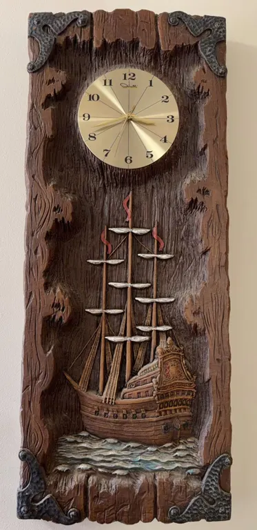 Smiths Wall Clock With Ship Relief, Carved Wood Style, Nautical Theme