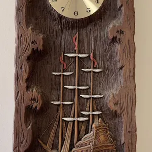 Smiths Wall Clock With Ship Relief, Carved Wood Style, Nautical Theme