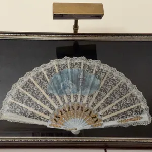 Framed Decorative Lace Hand Fan With Painted Scene, Shadowbox Display
