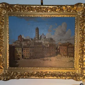 Framed Oil Painting of European Cityscape with Ornate Gilt Frame