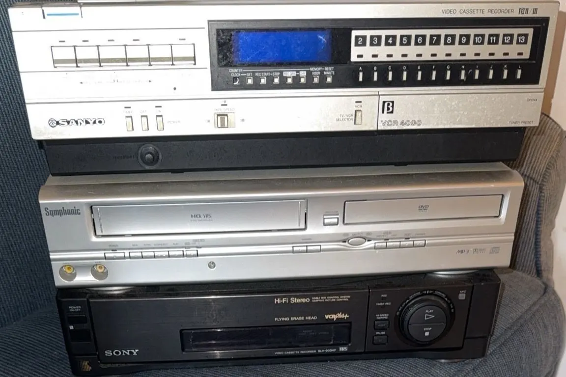 Sanyo VCR 4000 Betamax Video Recorder, Symphonic DVD VHS Player, Sony HiFi Stereo Control