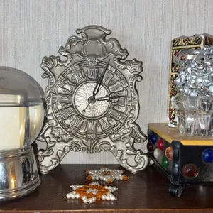 Battery Operated Ornate Desk Clock, Decorative Candles, Christmas Decor, and Candle Box