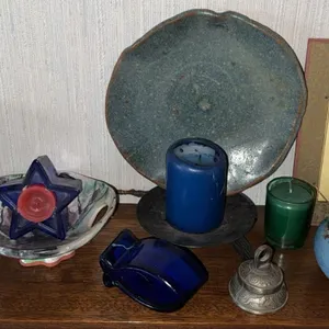 Hand Painted Rock, Decorative Pottery Vases, Blue Glass Decor and Assorted Brass Bell