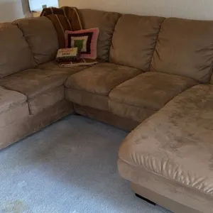 Beige Microfabric Sectional Sofa with Attached Chaise Lounge