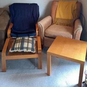 Leather Recliner Armchair with Yellow Mohair Fringed Throw and Wood Frame Lounge Chair