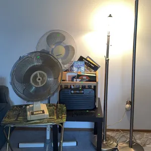 Two Oscillating Fans, Two Floor Lamps, Magazine Rack, Side Table, and Assorted Books