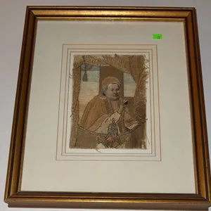 Framed Textile Artwork Depicting Cleric with Handphone Detail