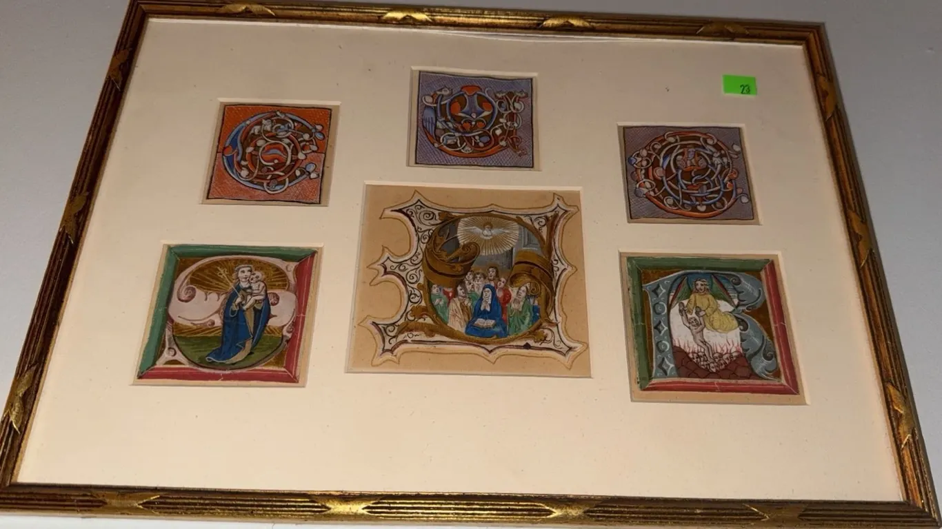 Framed Collection of Illuminated Manuscript Miniatures, Five Pieces Under Glass