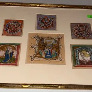 Framed Collection of Illuminated Manuscript Miniatures, Five Pieces Under Glass