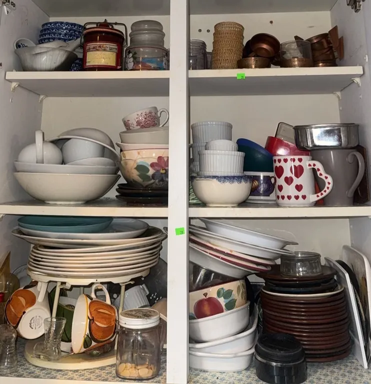 Cabinet Full of Assorted Kitchen Cups, Plates, Bowls, Mugs, and Storage Containers