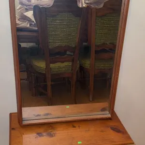 Pine Wood Vanity Table with Rectangular Mirror and Heart Cutout Detail