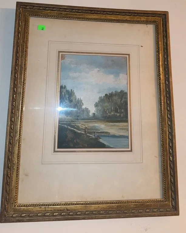 Framed Landscape Painting with River Scene and Gilt Wood Frame