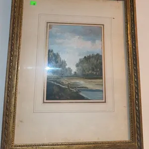 Framed Landscape Painting with River Scene and Gilt Wood Frame
