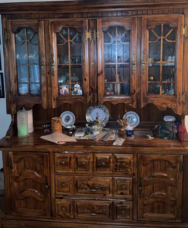 Stained Wood China Cabinet Hutch with Glass Panel Doors and Brass Hardware