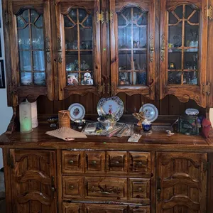 Stained Wood China Cabinet Hutch with Glass Panel Doors and Brass Hardware