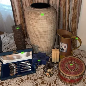 Decor Lot: Tall Ceramic Vase, Spoons in Case, Pitcher, Candles, Basket, Figurines