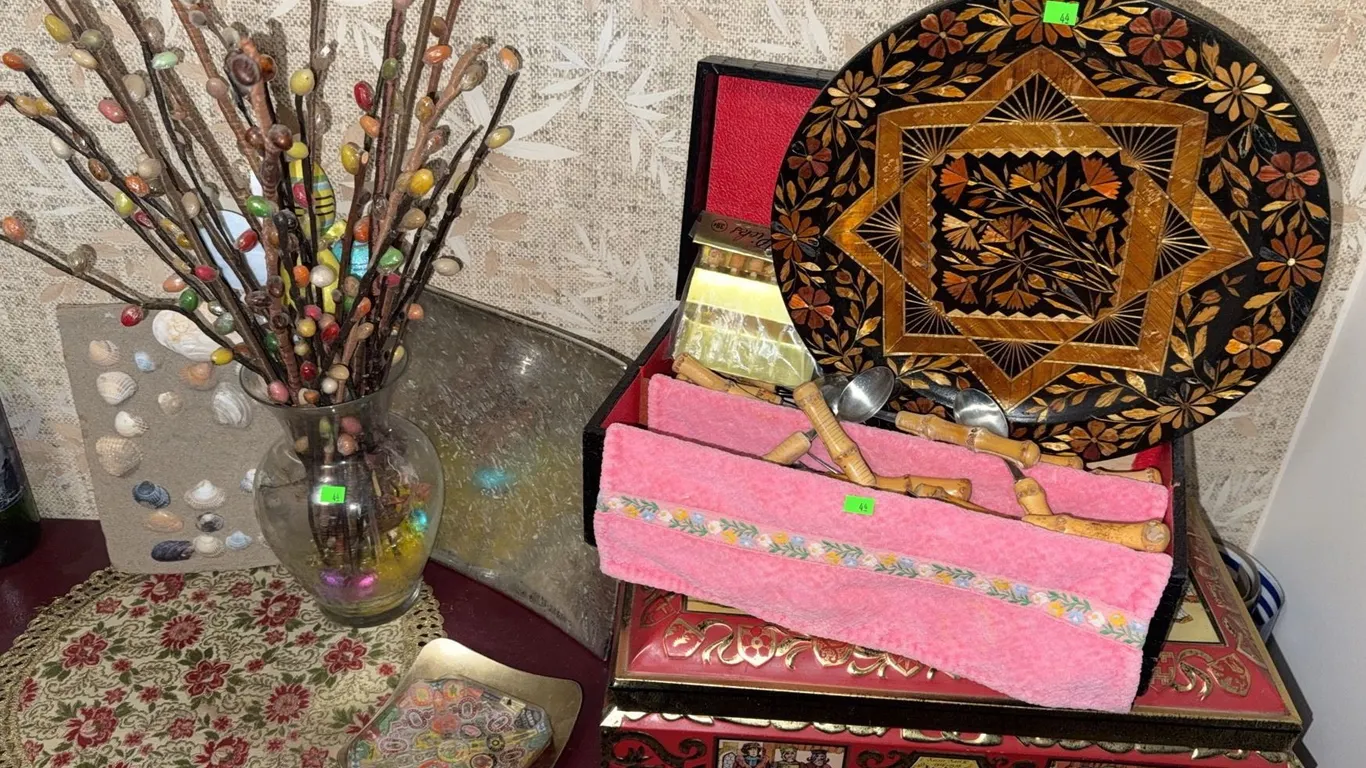 Decorative Wooden Tray, Cutlery Set, Red Tin Box, and Mixed Table Decor Group