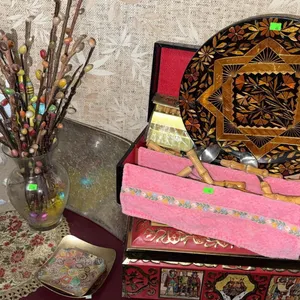 Decorative Wooden Tray, Cutlery Set, Red Tin Box, and Mixed Table Decor Group