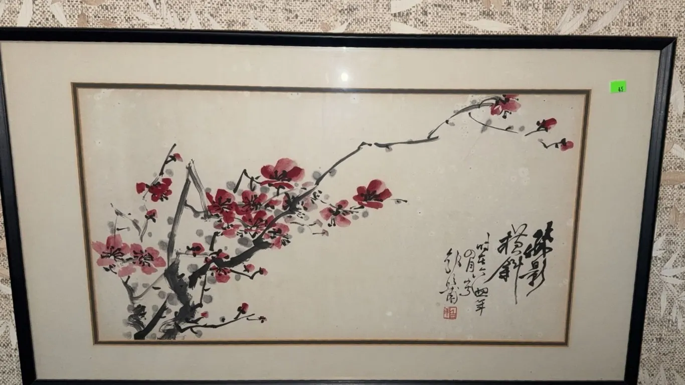 Framed Chinese Watercolour Plum Blossom Painting with Calligraphy