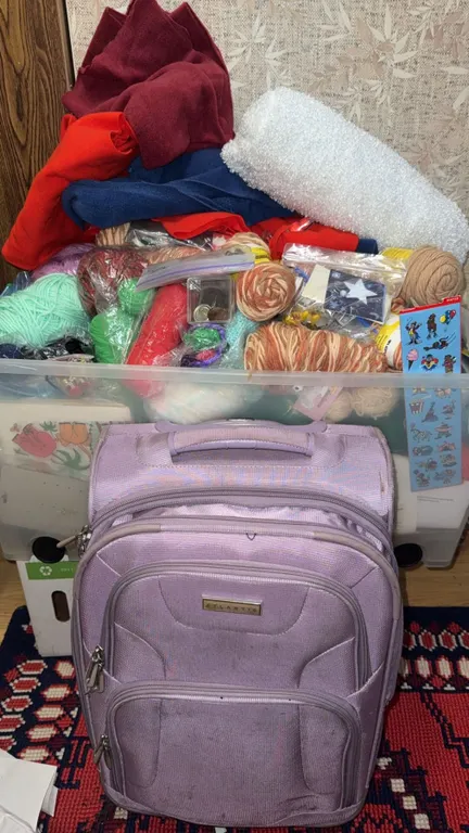 Craft Storage Bin with Yarn, Notions, Supplies and Purple Carry-on Suitcase