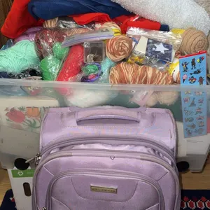 Craft Storage Bin with Yarn, Notions, Supplies and Purple Carry-on Suitcase